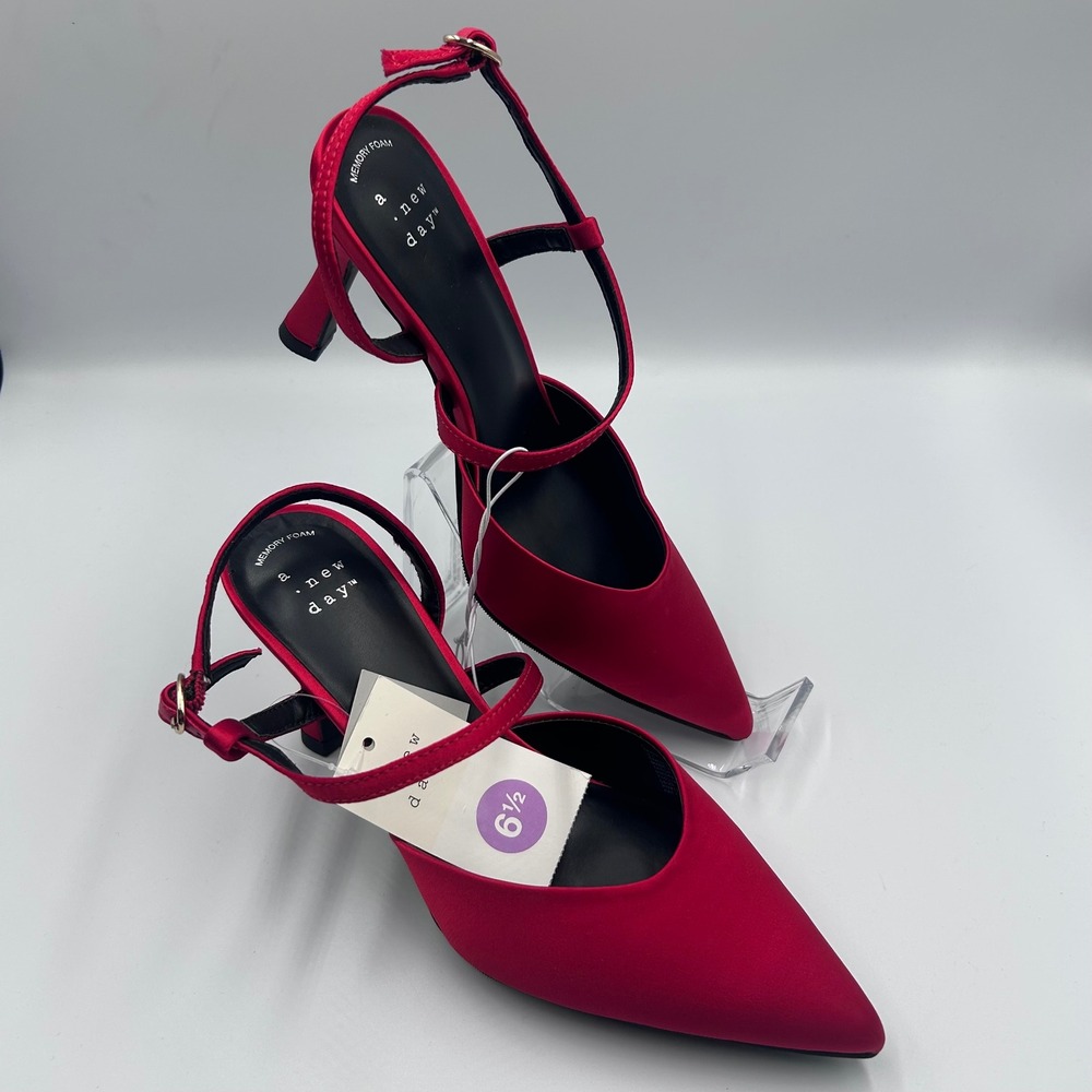 A New Day Rosemary Red Satin Slingback Pointed Toe Heels Memory Foam 6.5 NEW